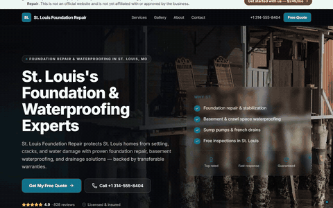 Sample foundation repair website scrolling through its homepage